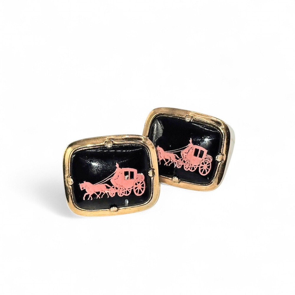 MCM‎ VTG Cufflinks Black Enamel Pink-tone 17th Century Horse and Carriage Scene